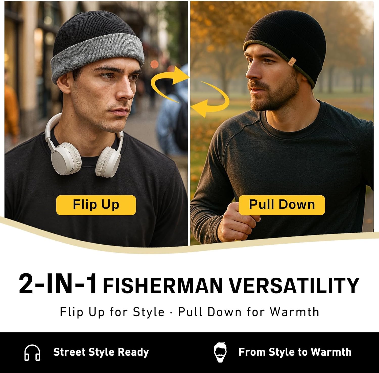 TOP-EX PolarWool™ Merino Wool Fisherman Beanie - Dual Layer Knit Hat with Two Styles for Large Heads - Image 2