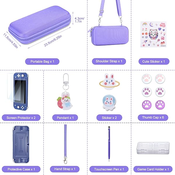 innoAura Switch Lite Case 18-in-1 Accessories Bundle for NS Switch Lite (2019), with Protective Carrying Case, Game Holder, Screen Protector & Cute Thumb Grips, Purple - 2
