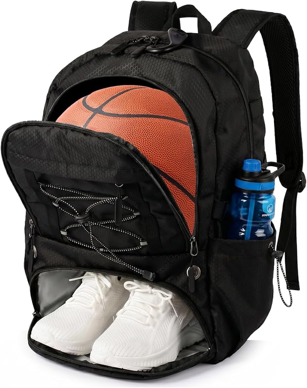 Mochila con bolsa de baloncesto con compartimento separado para zapatos y soporte para pelotas, bolsa deportiva multifuncional grande, accesorios de baloncesto para fútbol, ​​tenis, gimnasio, color negro