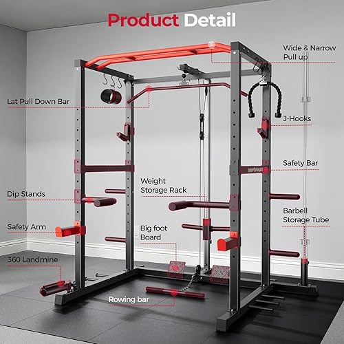 Vista 7 de Sportsroyals Jaula de Potencia, Rack de Potencia Multifuncional de 1600 libras con Sistema de Cruce de Cable Ajustable y Más Accesorios de Rojo