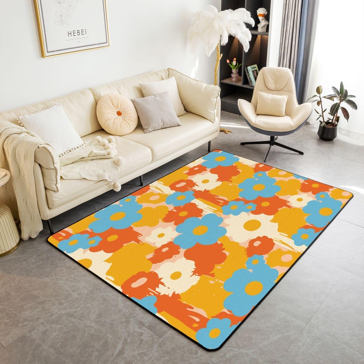 Groovy Flower Area Rug 5x7 for Kids Boys Bedside Dining Room, Cartoon Rainbow Stars Daisy Peace Sign Non Slip Rug, Cute Room Decor for Teen Girls, Hippie Aesthetic Funny Carpet Non Shedding Y2K Decor