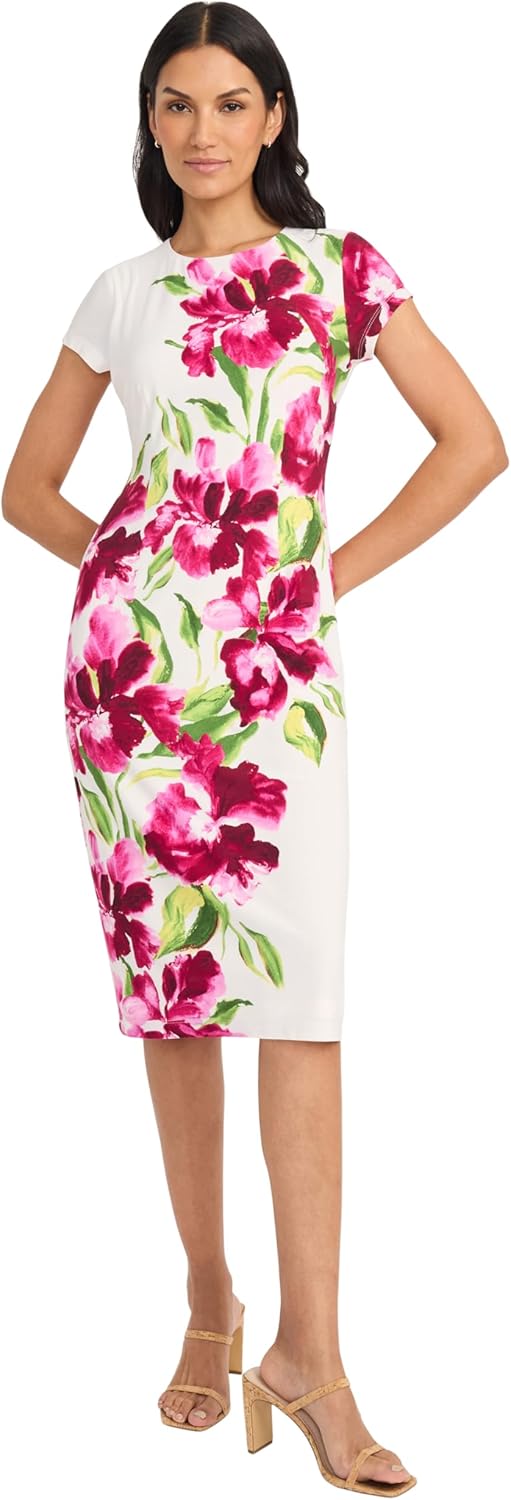 Maggy London Women's Women's Stretch Midi Sheath Dress with Cap Sleeves - Crew Neck - Wedding Guest Dress