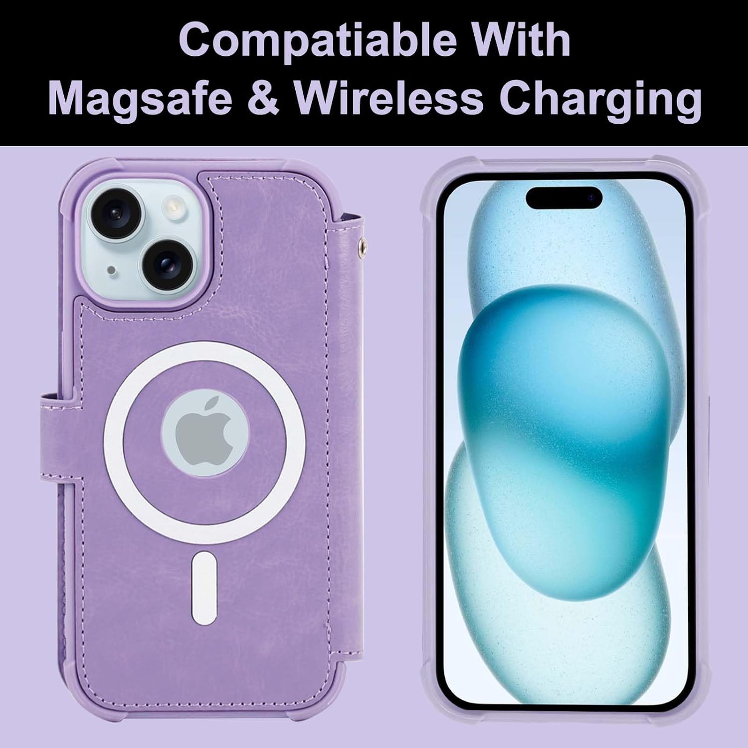 VANAVAGY Compatible for iPhone 15 Plus/14 Plus Wallet Case for Magsafe Wireless Charging, PU Leather Flip Case [Screen Protector & Camera Cover] with Strap RFID Blocking Card Holder,Clove Purple