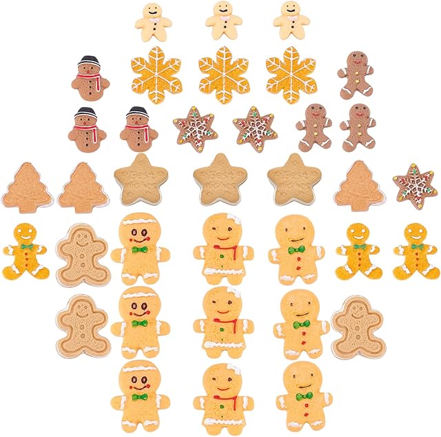 SUNNYCLUE 1 Box 36Pcs 12 Styles Christmas Theme Resin Cabochons Flatback Gingerbread Man Biscuits Tree Snowman Snowflake Ornaments Charms for Cardmaking Scrapbooking Hair Clips Accessories Crafts
