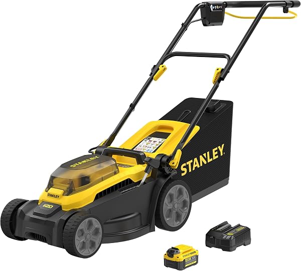 Tondeuse à gazon sans fil 18V brushless 34 cm, batterie Li-Ion 4Ah et chargeur 2A, sac 35 L
