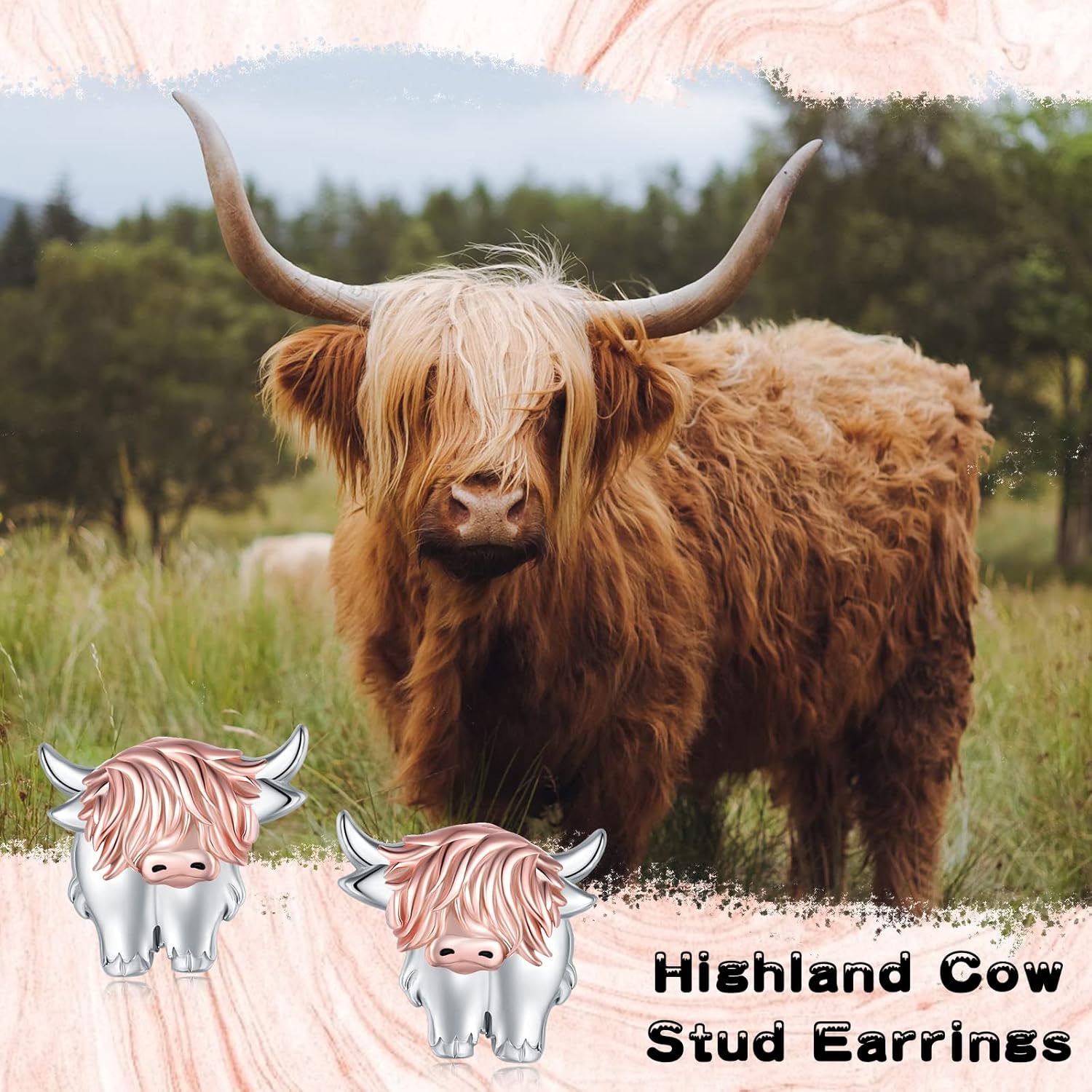Highland Cow Stud Earrings for Womens 925 Sterling Silver Western Cow Earring Rose Gold Cow Jewelry Animal Earrings Gifts for Women Scottish Highland Cow Gifts Hypoallergenic