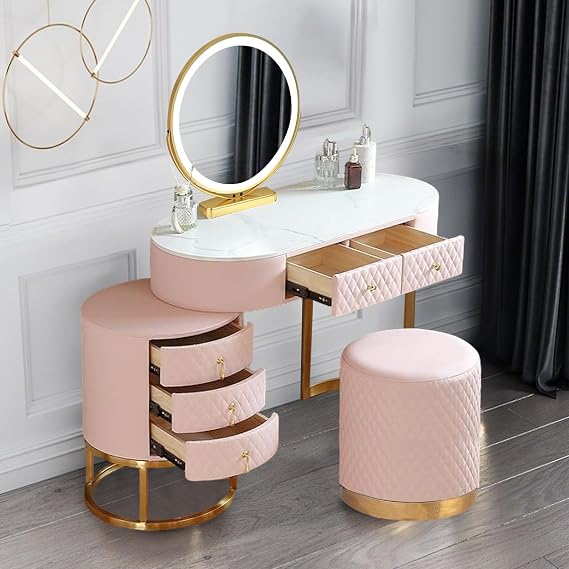 Juego de tocador de piel sintética con espejo iluminado LED, mesa de cosméticos con cajones de almacenamiento taburete (rosa) – Mesa para maquillaje y cuidado del cabello, 80 cm