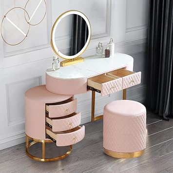 Juego de tocador de piel sintética con espejo iluminado LED, mesa de cosméticos con cajones de almacenamiento taburete (rosa) – Mesa para maquillaje y cuidado del cabello, 80 cm