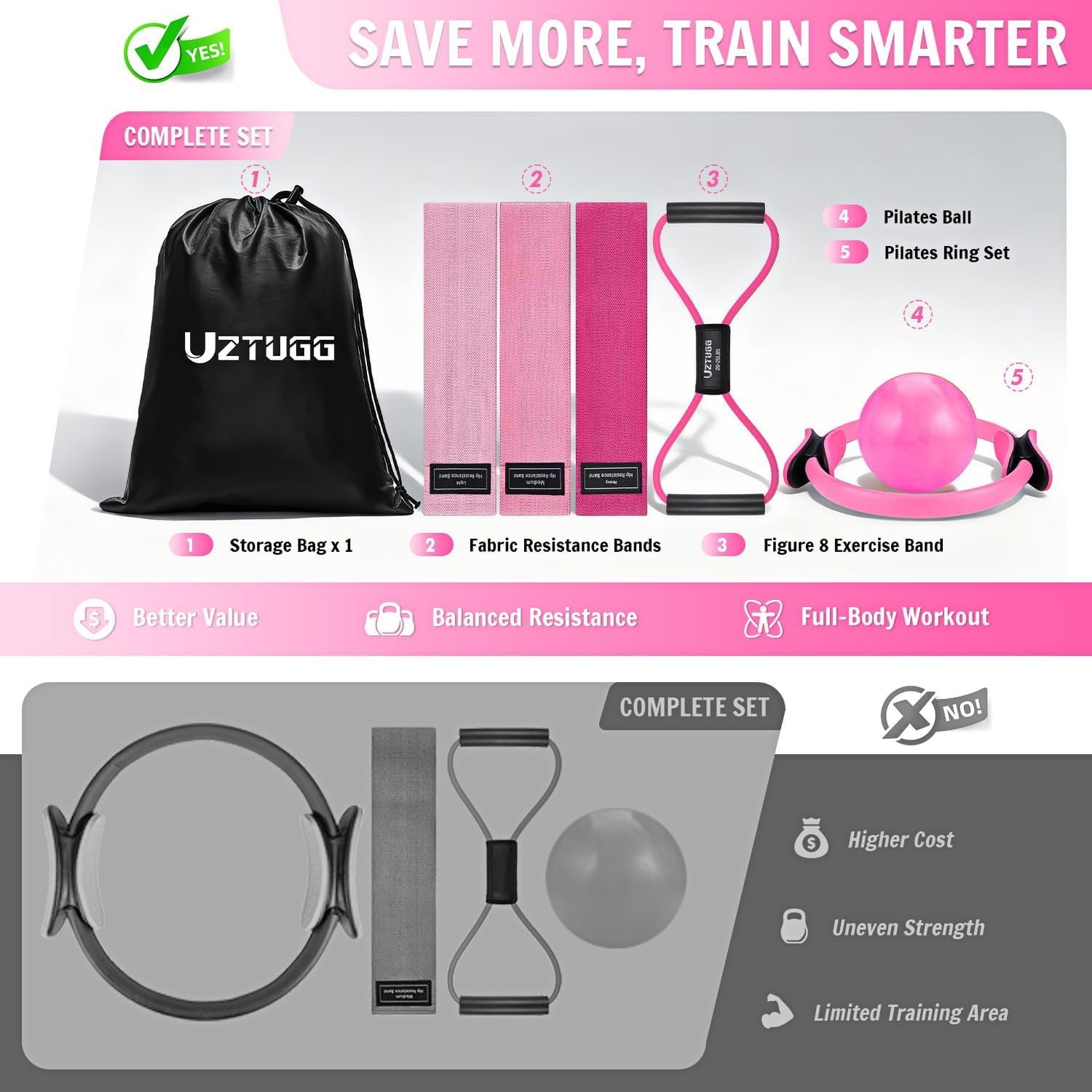 UZTUGG Pilates Equipment Kit at Home for Women, 4-in-1 Workout Essential Set with Pilates Ring, Fabric Resistance Bands, Figure 8 Resistance Band, Pilates Ball–Full Body Toning, Yoga & Stretching - Image 2