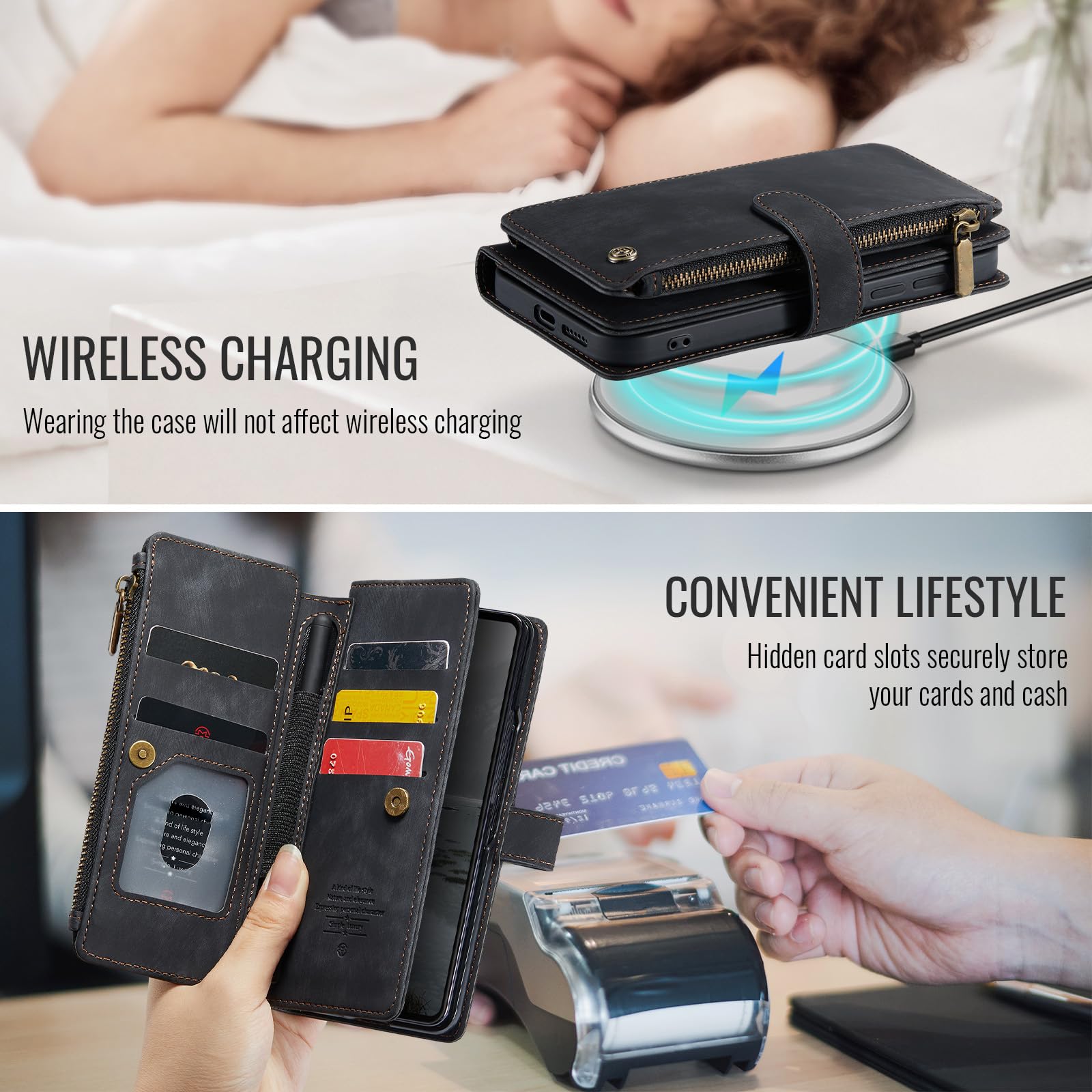 Etui z klapką do Samsung Galaxy Z Fold 8 Ultra, portfel na zamek błyskawiczny duża pojemność vintage matowe etui pasek na nadgarstek ochrona przed upadkiem miękka wewnętrzna powłoka TPU (czarna)