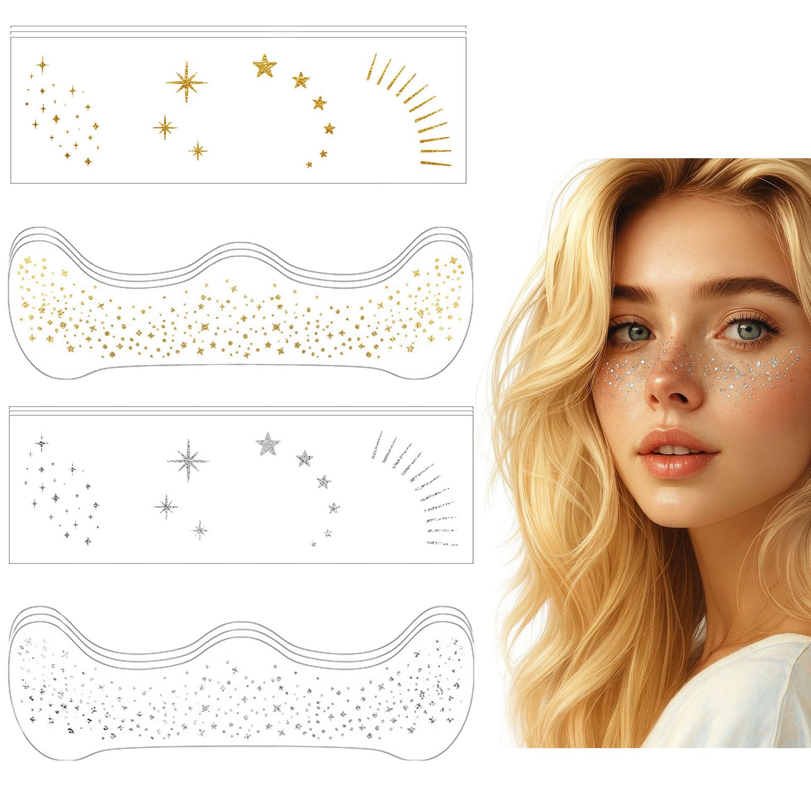 Silver Gold Glitter Gem Temporary Face Tattoos Waterproof Makeup Stickers