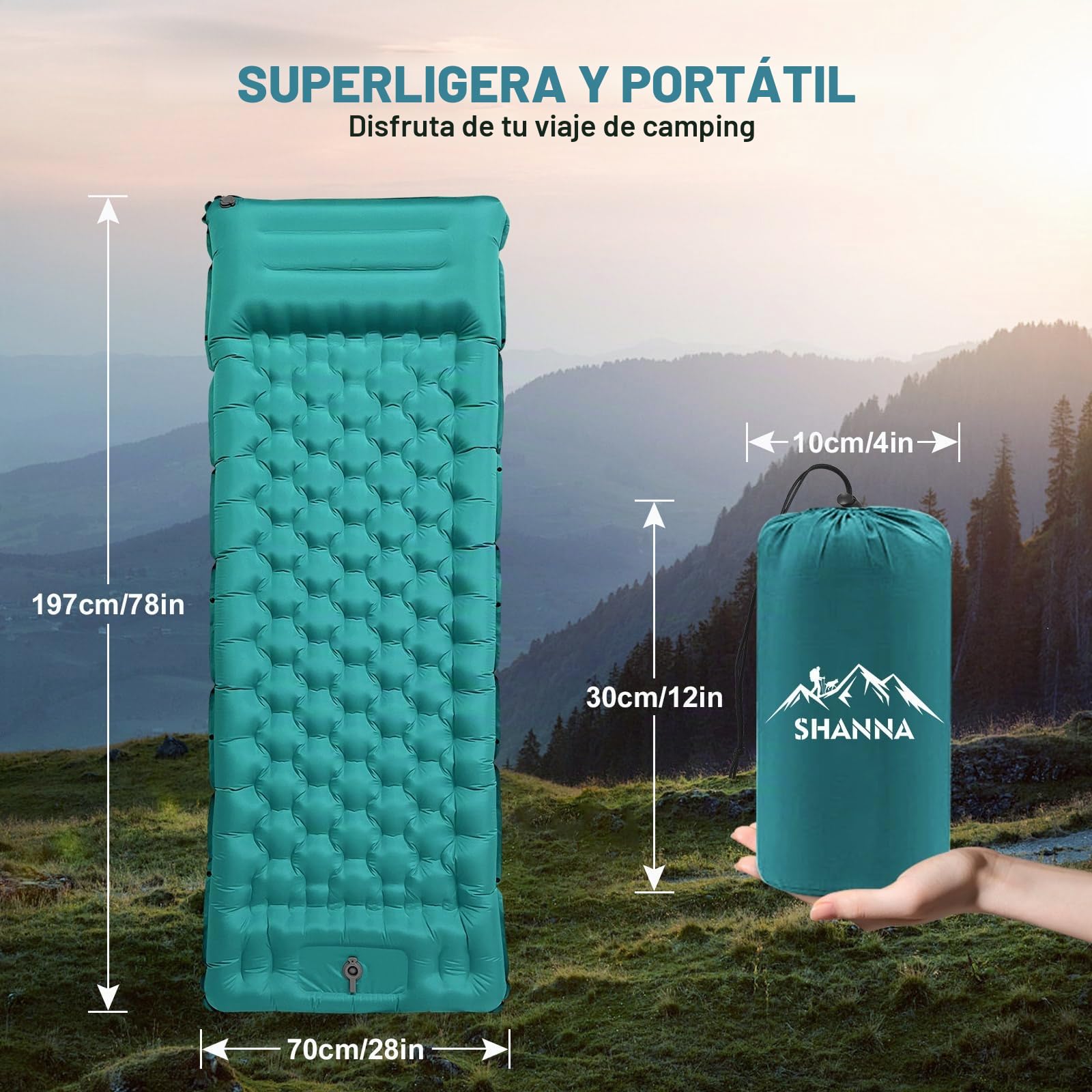 SHANNA Colchoneta De Camping Inflable Automática: Extra Gruesa 12 Cm Ultraligera Colchoneta Inflable Ligera Y Compacta con Bomba Integrada, Ideal para Camping Y Excursiones (Azul Pavo Real)