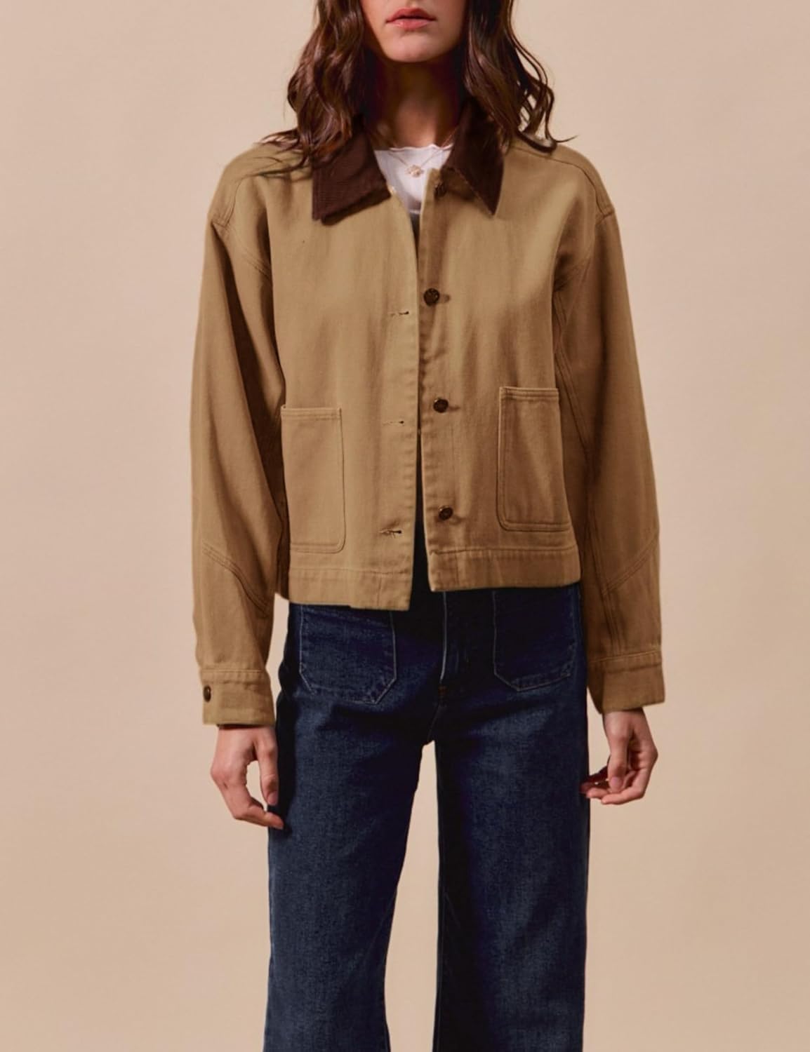 Women’s Cropped Barn Jacket Button Down Cord Collar Jacket with Pockets Trendy Work Outerwear - Image 3