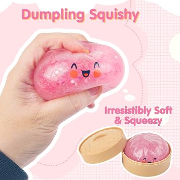Glitter Dumpling Squishy with Steamer, Pink Squishy Dumplings Sensory Fidget Toy, Squeeze Toys for Relaxation