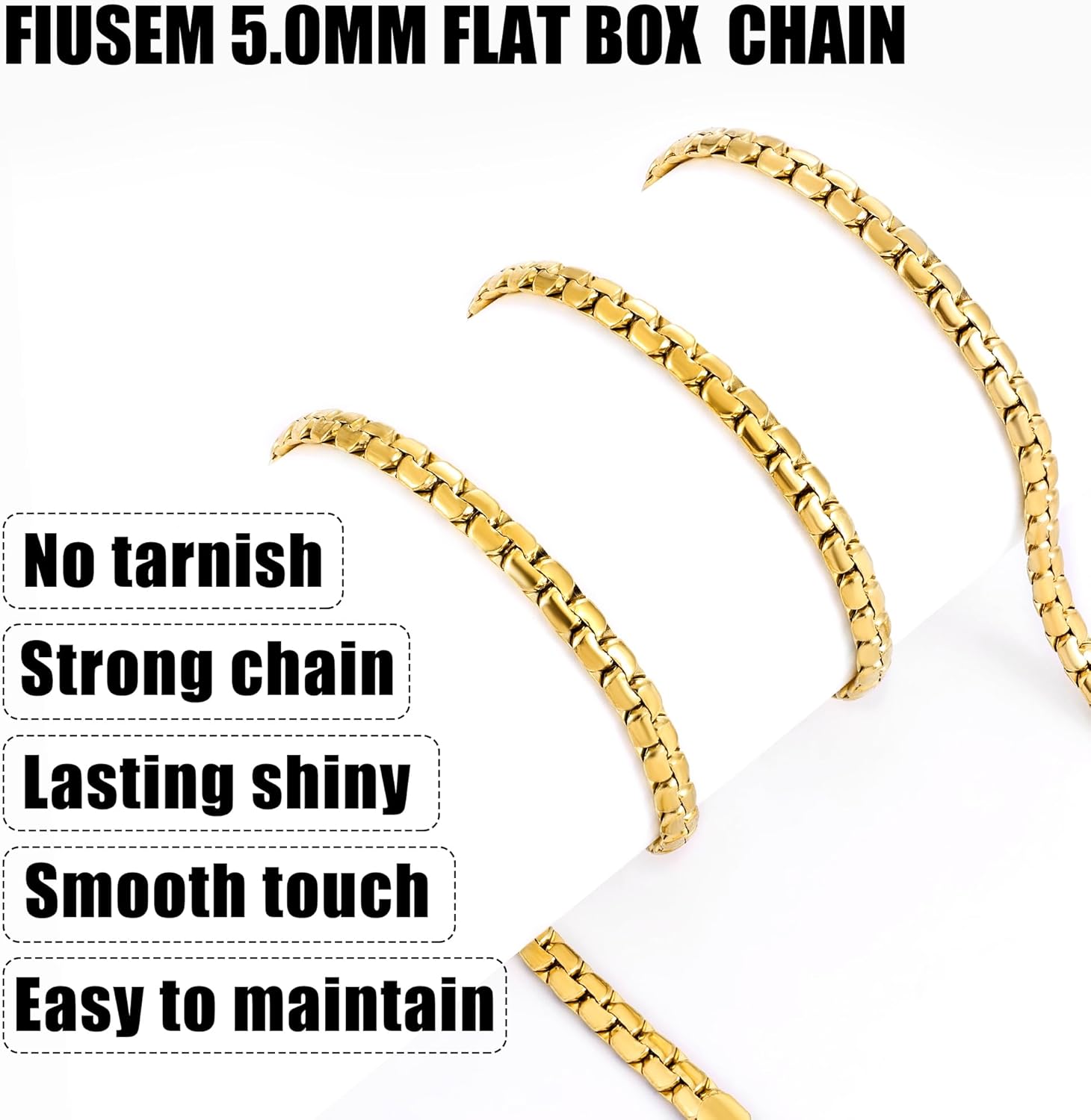 Fiusem Flat Box Chains for Men, 14k Gold Plated/Black Stainless Steel Chain Necklace, 2.5/3/4/4.5/5mm Necklaces for Men and Women 16-28 Inch - Image 7