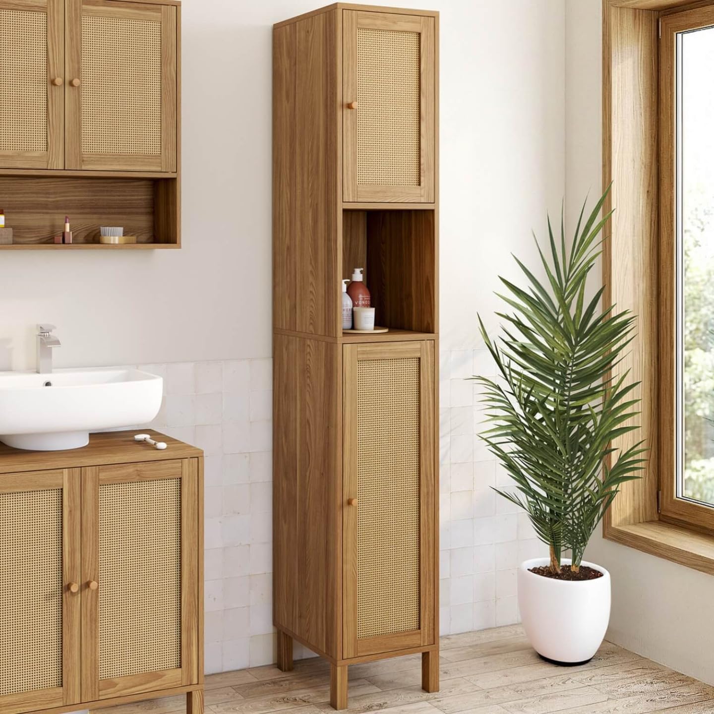 IDMarket - Meuble Colonne Salle de Bain HANAE Effet Naturel cannage