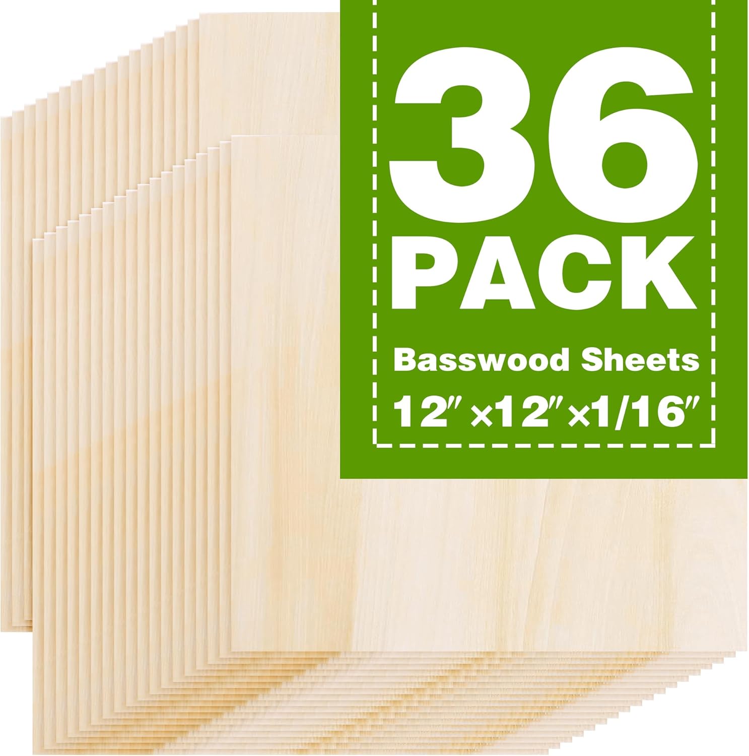 Basswood Sheets 12"x12"x1/16,1.5mm Basswood for Laser Cutting,Thin Plywood Board Unfinished Wood for Crafts, DIY Architectural Models Making, Wood Engraving (12inchx12inch-1/16-36Packs)