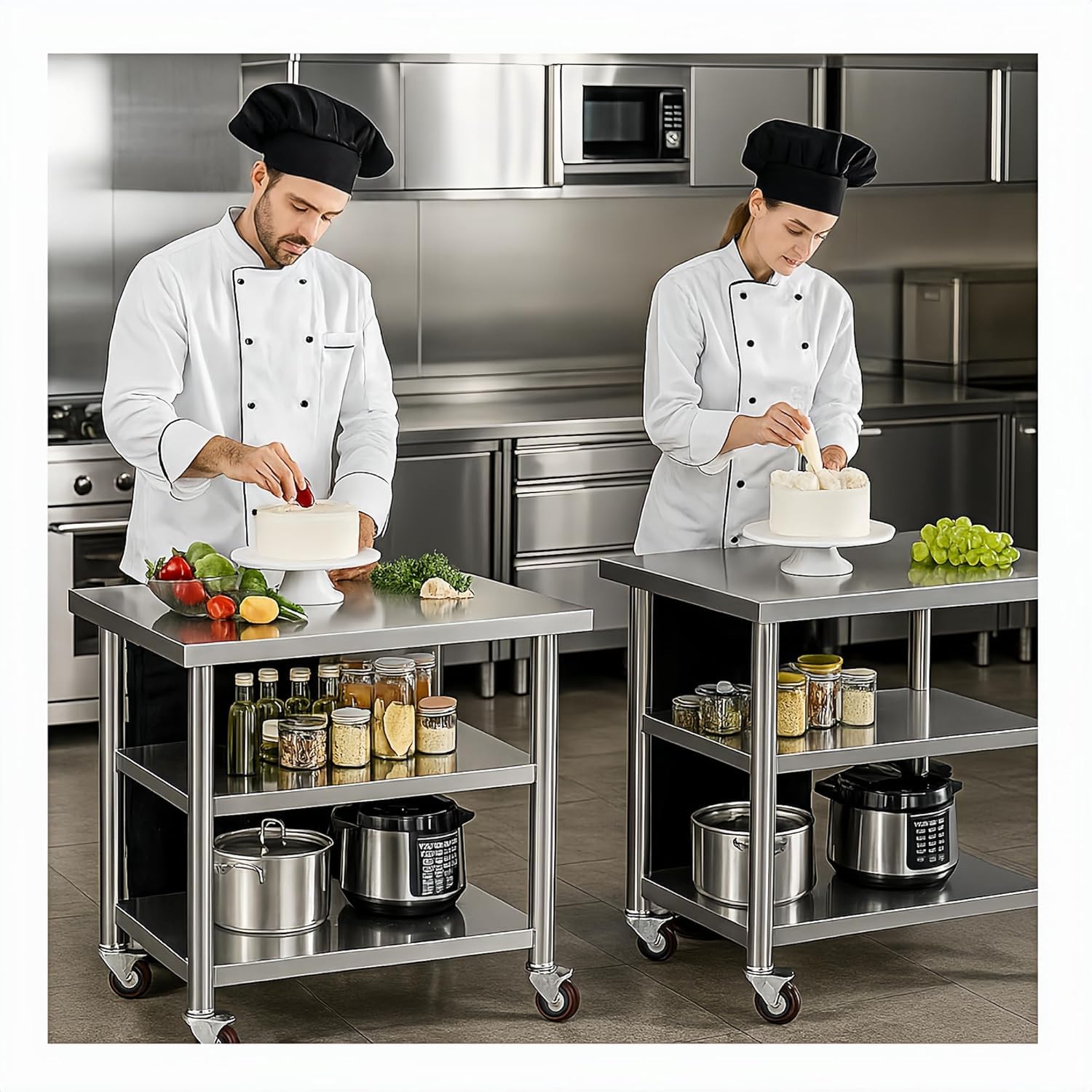 Stainless Steel Table with Wheels for Food Preparation and Work, Multi-Size Optional, Three-Layer Variable Two-Layer Metal Commercial Workbench Outdoor, Restaurant, Kitchen (32" Lx24 Wx34 H)