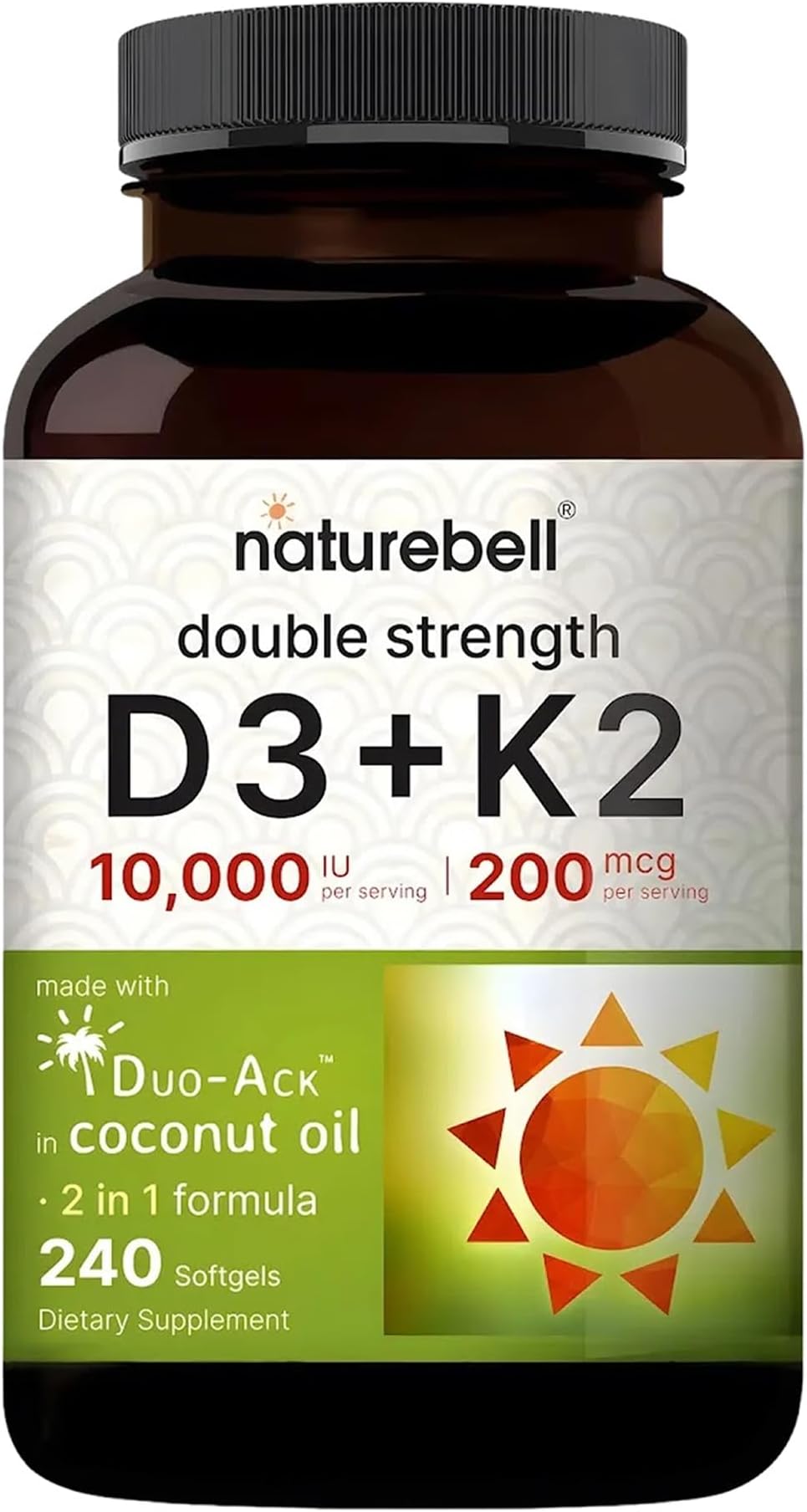 NatureBell Vitamin D3 K2 (10,000 IU Vitamin D + 200mcg Vitamin K MK-7) 240 Softgels with Coconut Oil for Complete Absorption | Bone, Heart, Immune, & Calcium Support | One a Day, Non-GMO
