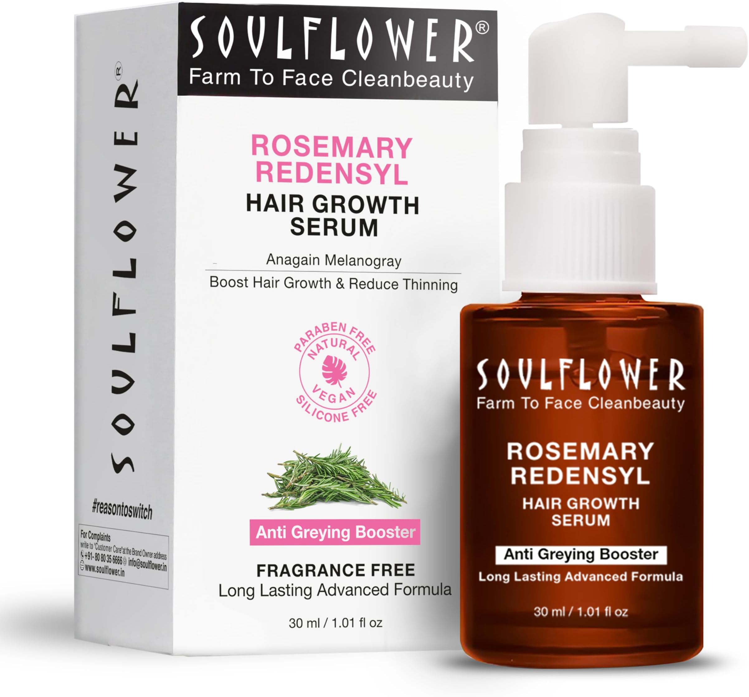 Soulflower Rosemary Redensyl Hair Growth Serum | 3% Redensyl, 4% Anagain, Melanogray, Caffeine, Biotin, Keratin, Tea Tree, Chia Seeds, Rice Water | Men, Women | 30 ml