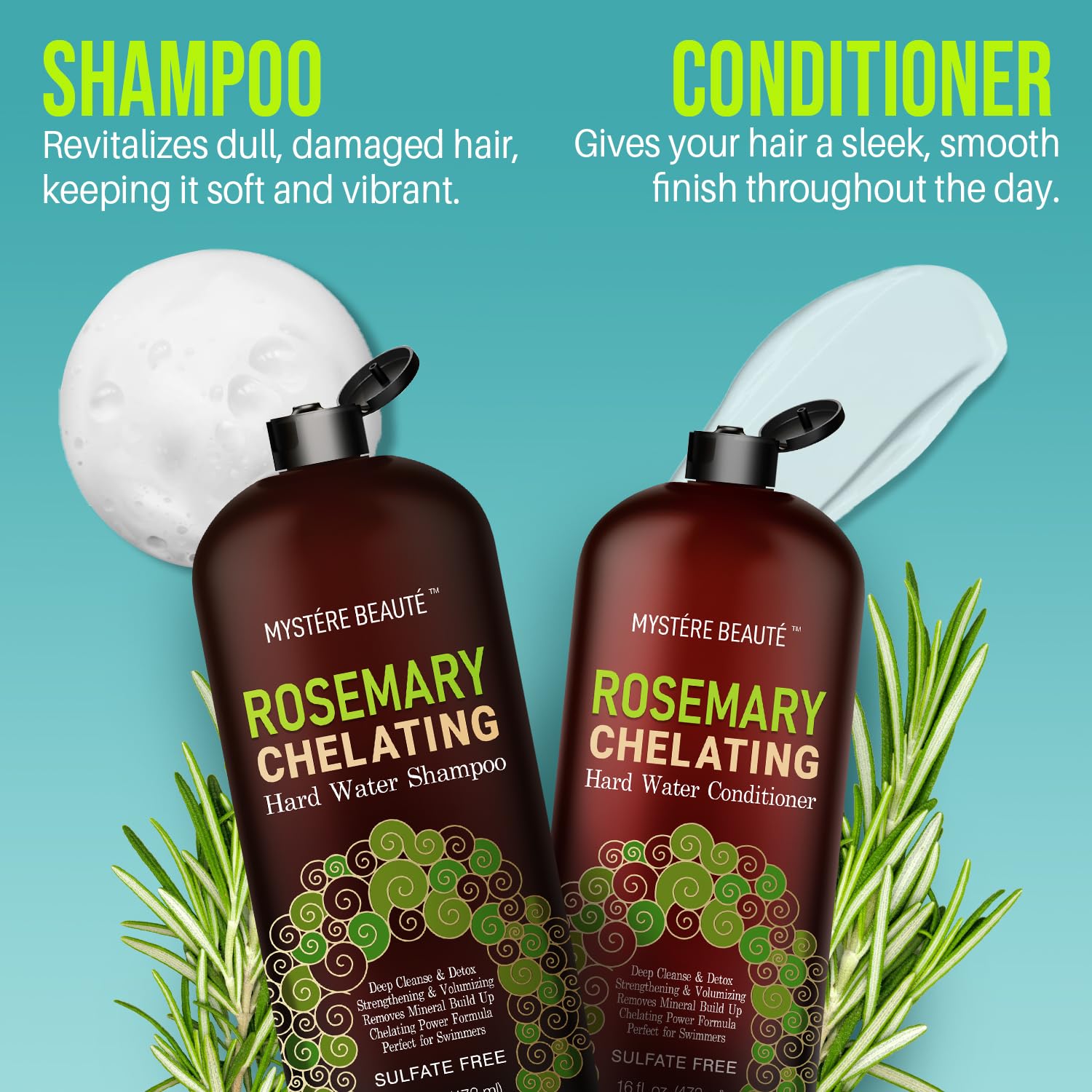 MYSTÈRE BEAUTÉ Rosemary Chelating Shampoo and Conditioner Set – Sulfate Free Hard Water Hair Care with Biotin, Keratin & Tea Tree – Clarifying & Strengthening Duo for Hair Growth – 16 oz Each - Image 8