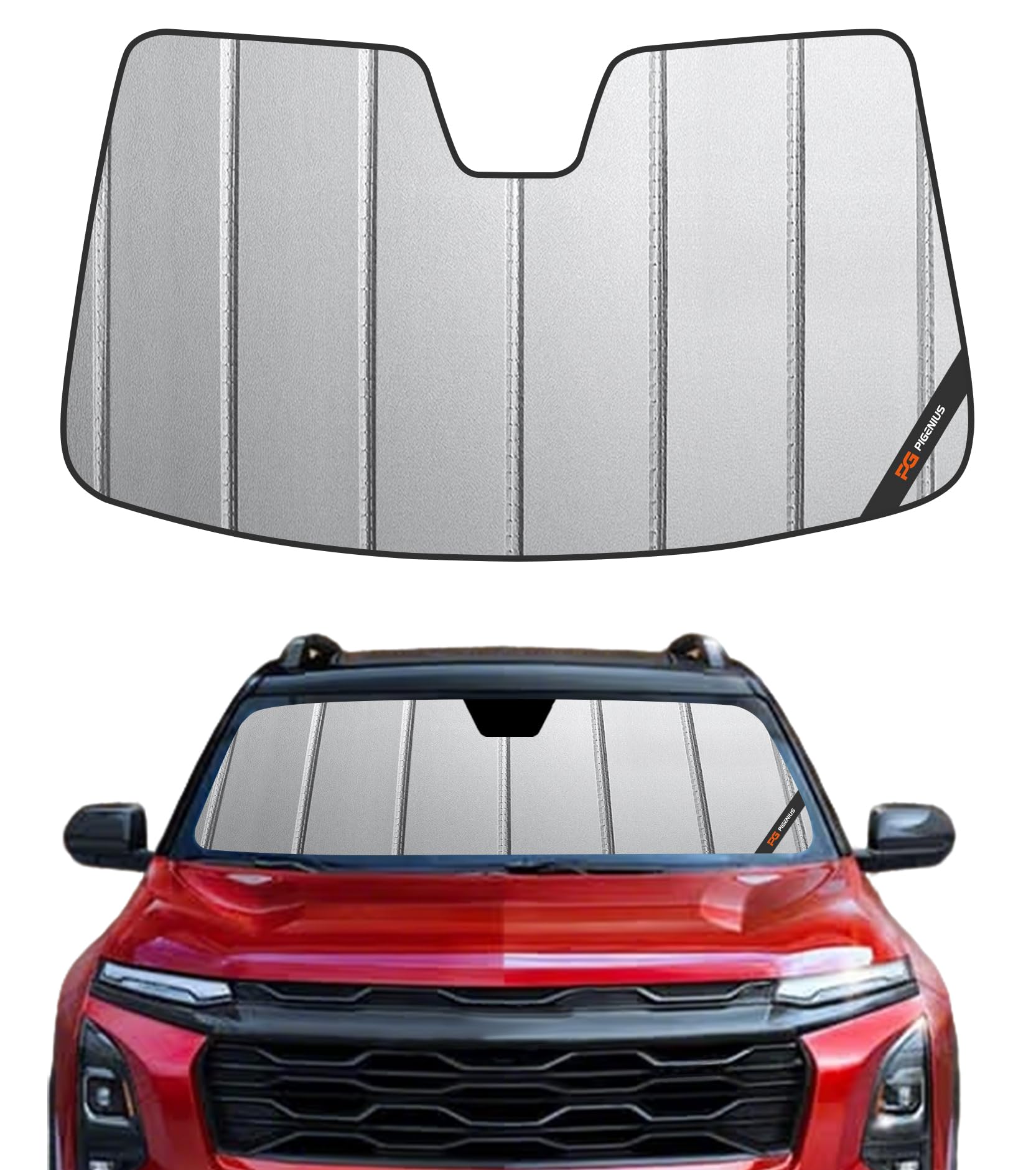 pigenius windshield sun shade for 2025 2026 chevy equinox gas models, custom fit front windshield sunshade, premium grey leather finish, not for equinox ev