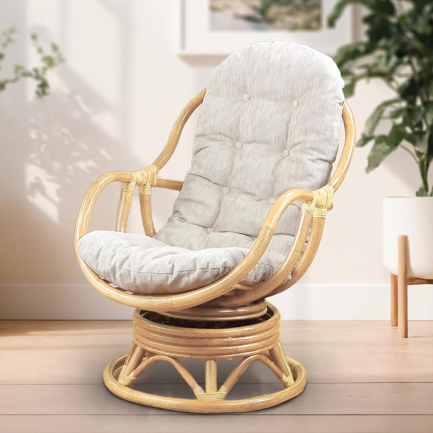 Wickerix Bali Swivel Rocking Lounge Chair - Handmade Natural Rattan Wicker with Cream Cushion, Indoor Outdoor Patio