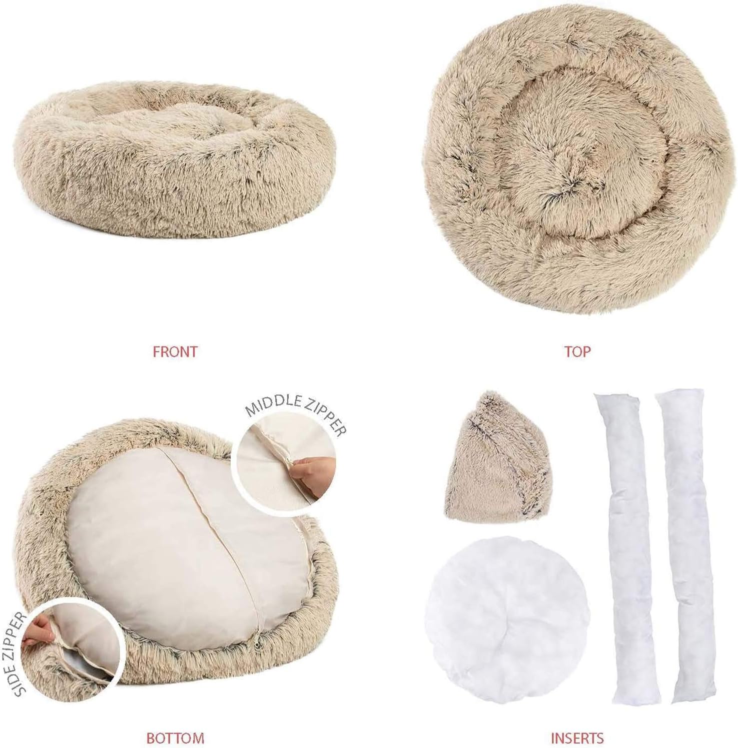 Round Pet Bed, Plush Soft Washable Self-Warming Calming Dog Bed Donut Cuddler Round Dog Bed Comfortable for Sleeping Winter(Beige,80cm)
