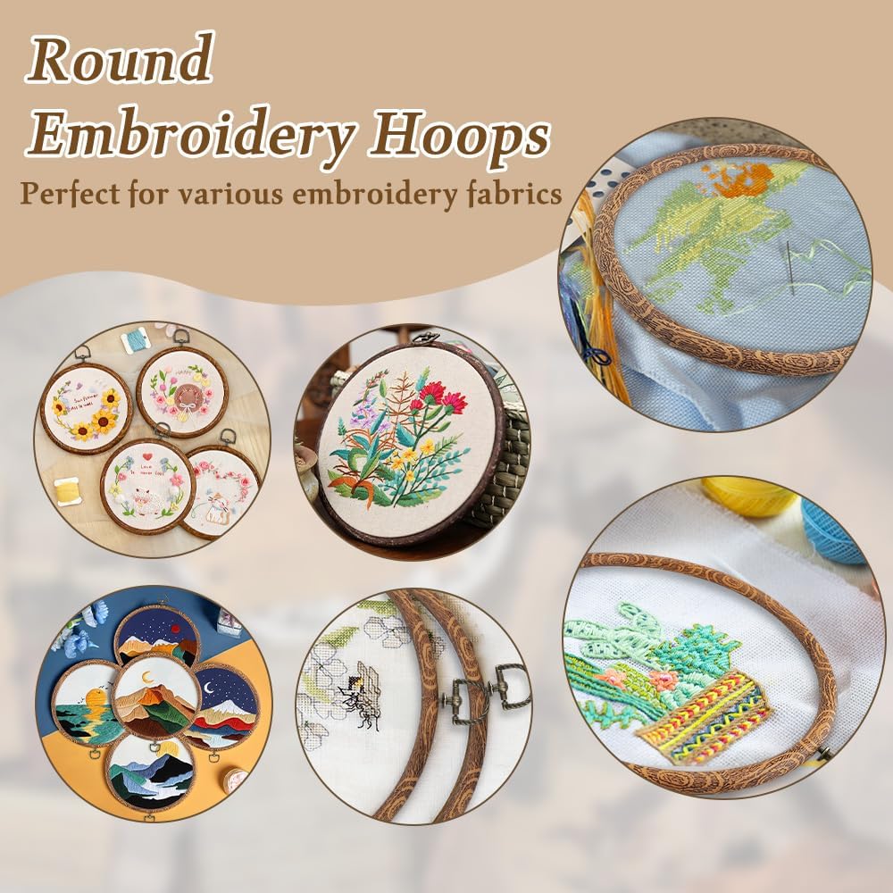 6 Pieces 8 inch Embroidery Hoop Frame, Imitated Wood Embroidery Display Frame Circle, Cross Stitch Hoop Ring, Round Embroidery Hoops for Art Craft Sewing and Hanging Ornaments