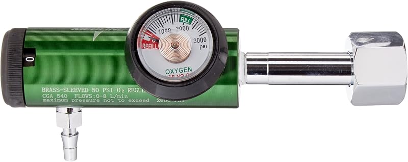 Medline Best Valued Mini Oxygen Regulator, 0-8LPM, 540 CGA Connector, Brass Sleeve