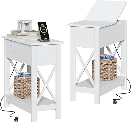 Miniatura 11 de ChooChoo Mesa auxiliar con estación de carga, mesa auxiliar estrecha abatible con puertos USB y tomas de corriente para espacios pequeños, mesita de