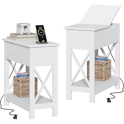 ChooChoo End Table with Charging Station, Narrow Flip Top Side Table with USB Ports & Power Outlets for Small Spaces, Nightstand Sofa Table for Living Room, Bedroom, White, 2 Pack