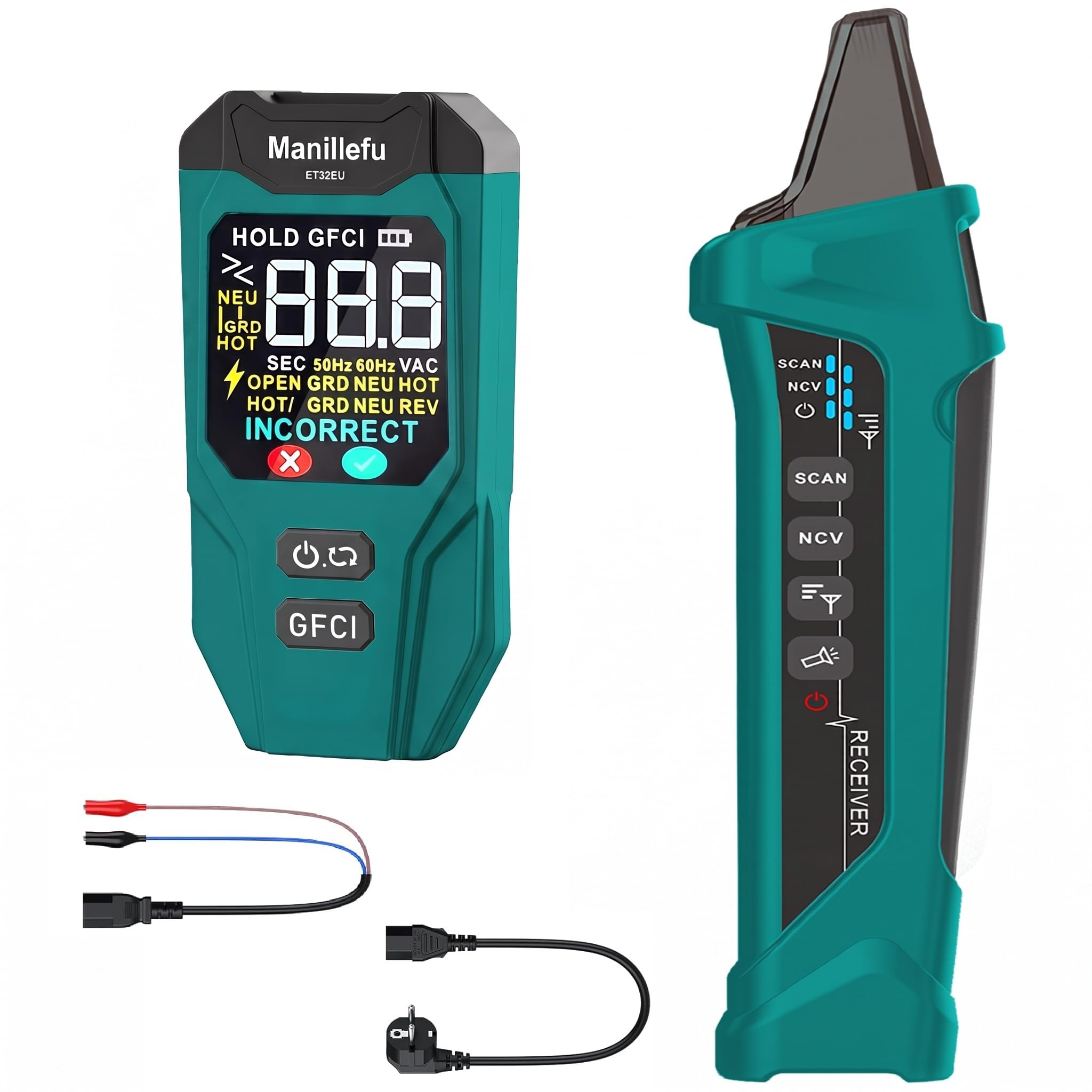 Testeur de prise ET32 - Détecteur de fusibles - Détecteur de disjoncteur avec écran LCD - Testeur de tension sans contact - Testeur de phase NCV - Détecteur de câble/testeur de courant