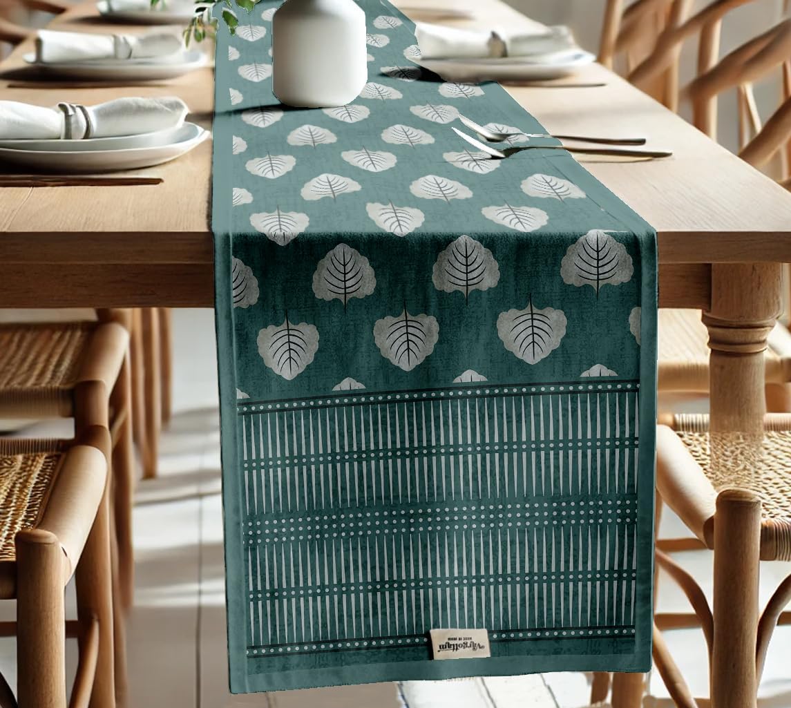 Premium Cotton Table Runner - Lightweight Double Layer - Border Design - Machine Washable Farmhouse Table Decor - Leaves