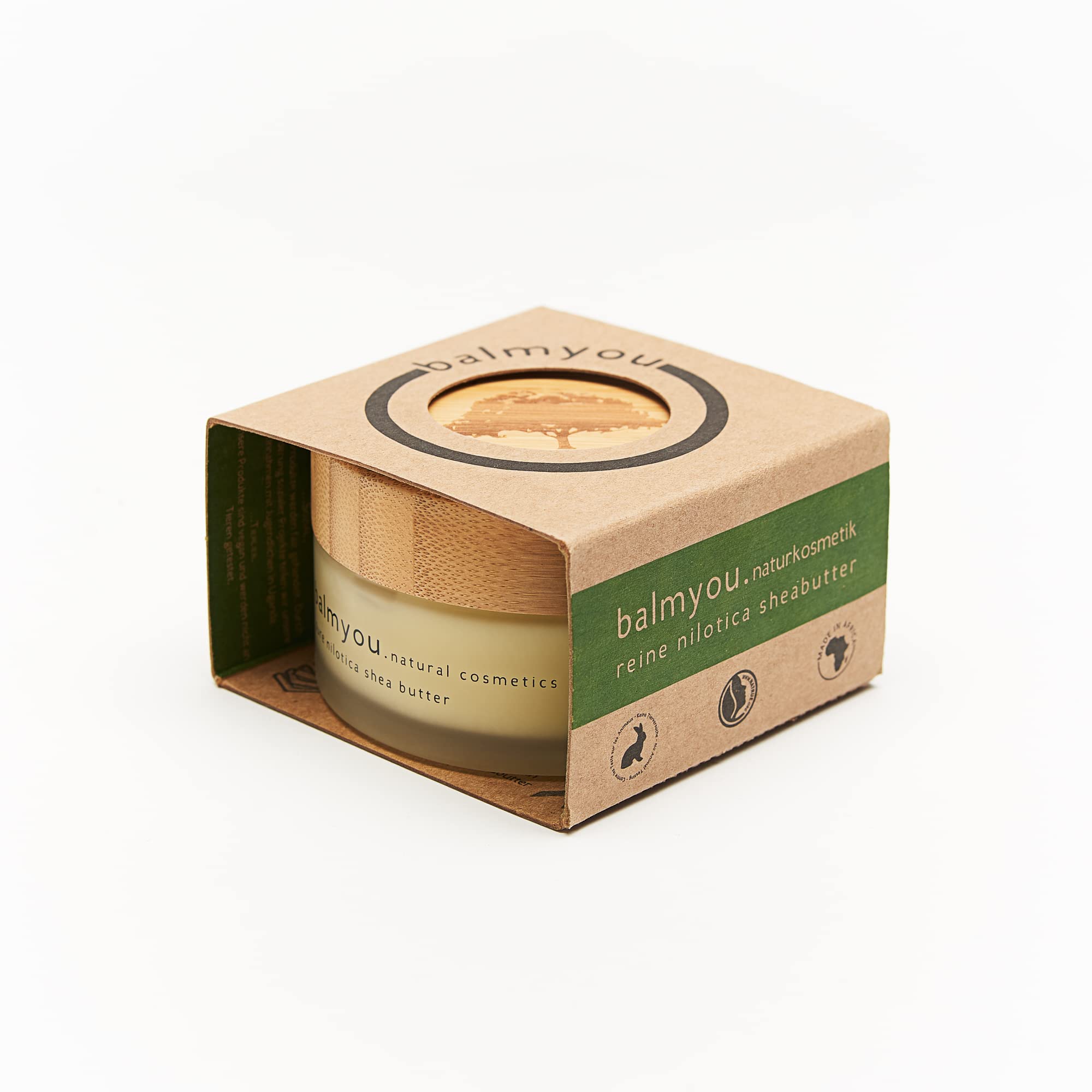 Manteca de karité nilótica pura de balmyou en tarro de cristal de 100 ml con tapa de bambú y certificación de cosmética natural de Uganda, sin refinar, prensada en frío, vegana y sin aditivos