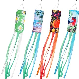 4 Pack Seasonal Windsock Spring Summer Fall Winter Outdoor Heavy Duty Hanging Decor Daisy Flamingo Pumpkin Snowbird Wind Socks Spinners for Garden Yard Decoration 5.91 x 39.37 Inch