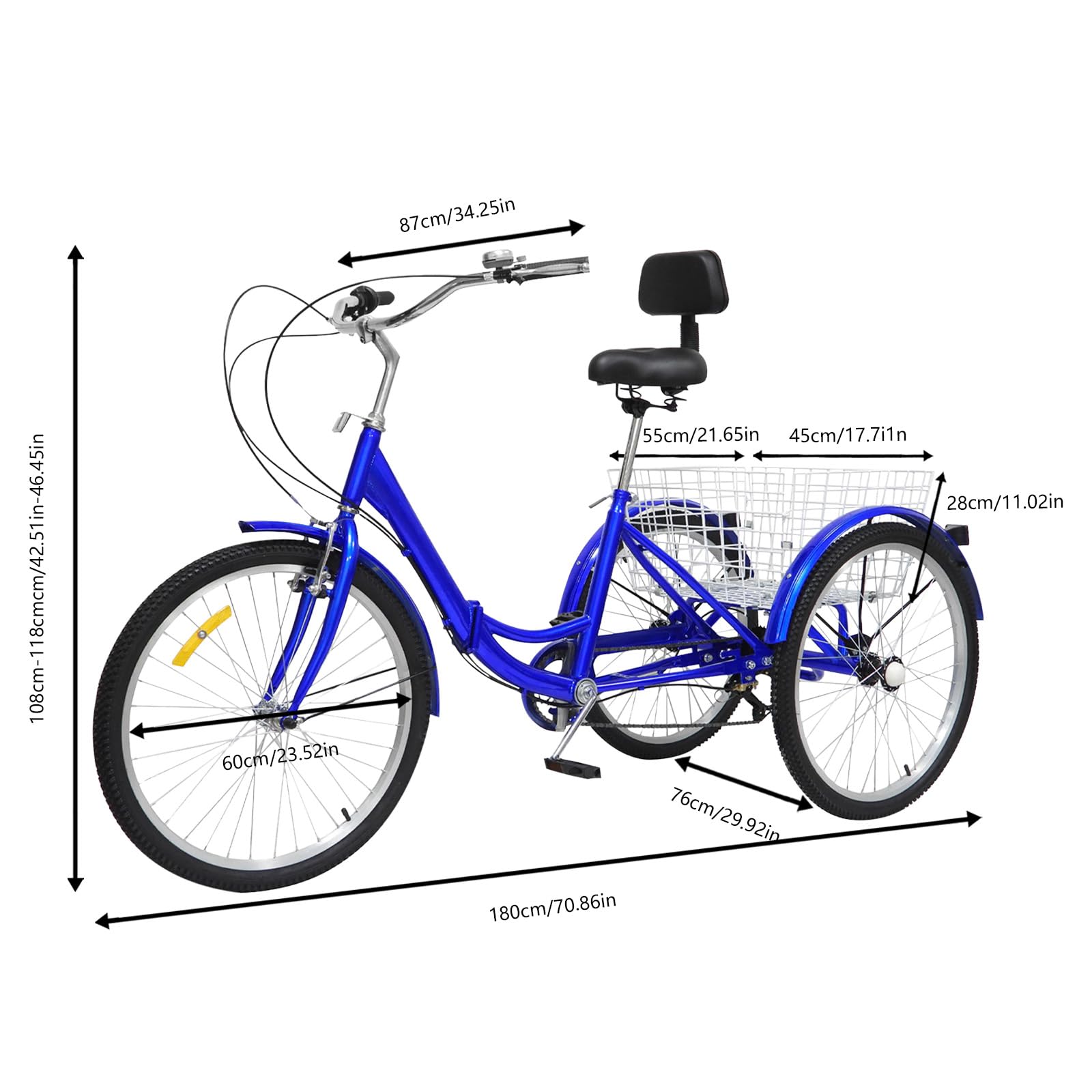 Triciclo Pieghevole Per Adulti 24 Pollici, 7 Marce Con Cestino E Schienale In Acciaio Al Carbonio, 3 Ruote Bicicletta (Blu)