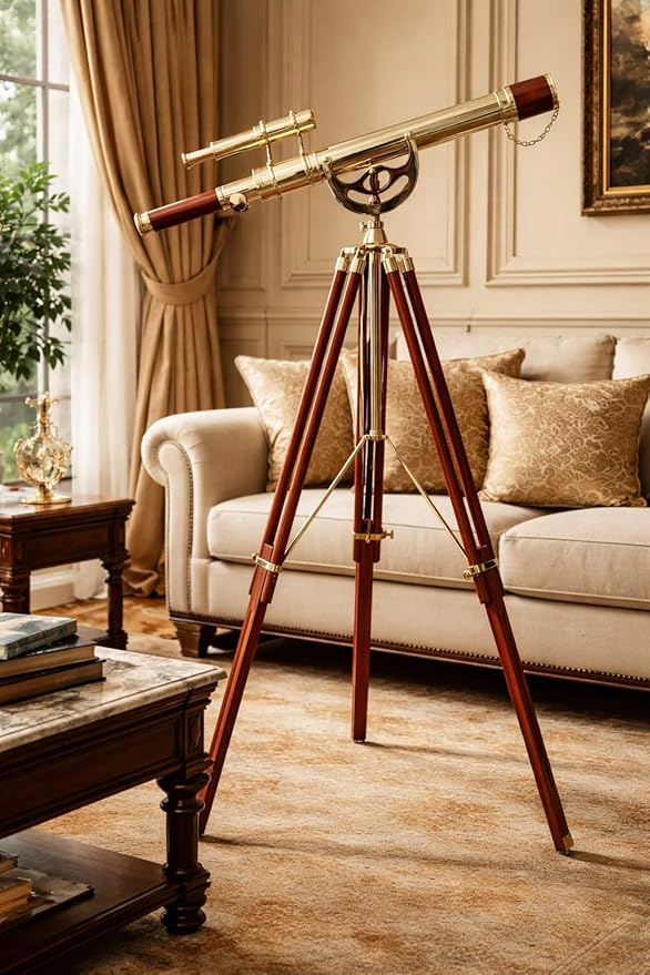 Telescopio Náutico de Latón Brillante con Trípode de Madera Vintage miniatura 2