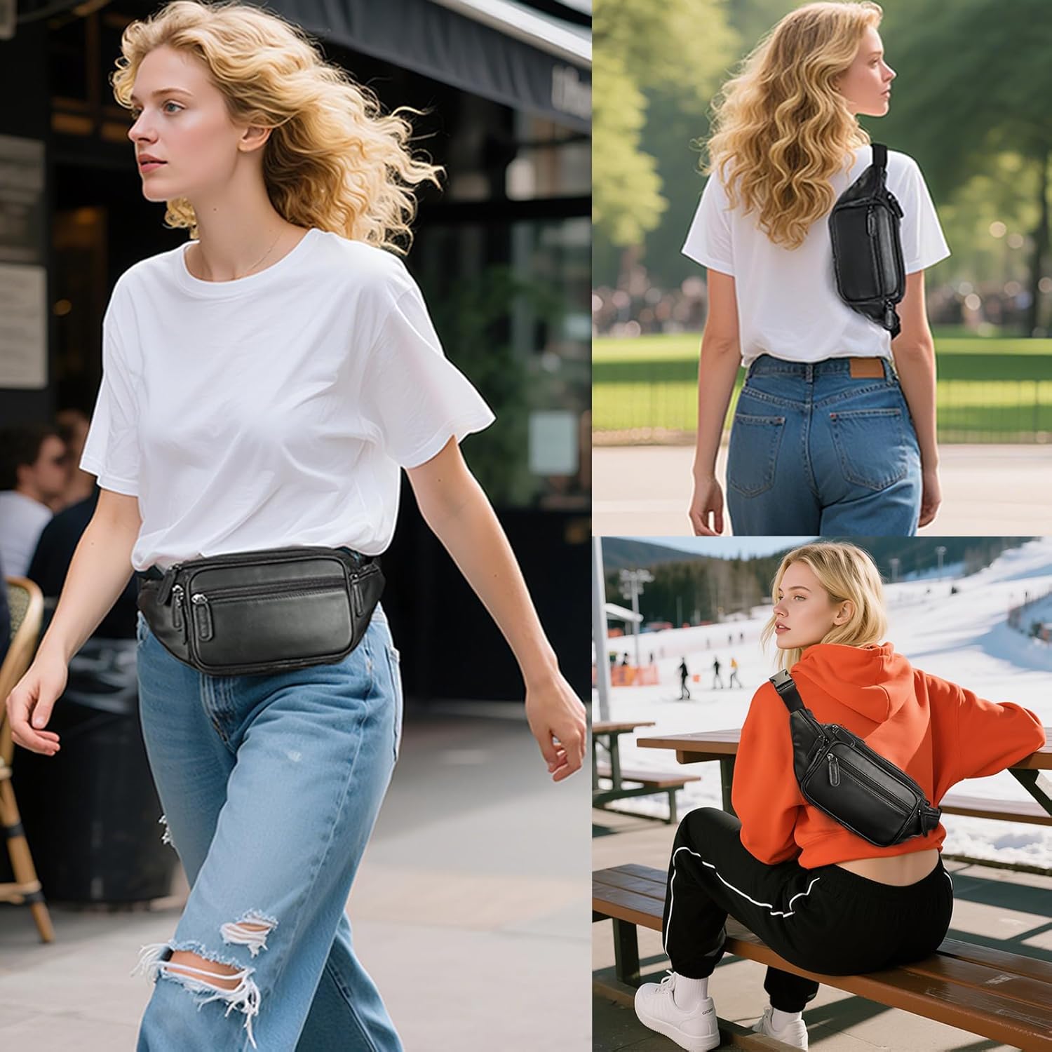 Genuine Leather Fanny Pack Men Women Multi-Pockets sling Waist Bag For Travel Sports Hiking Cycling Fishing Running Black Large - Image 3