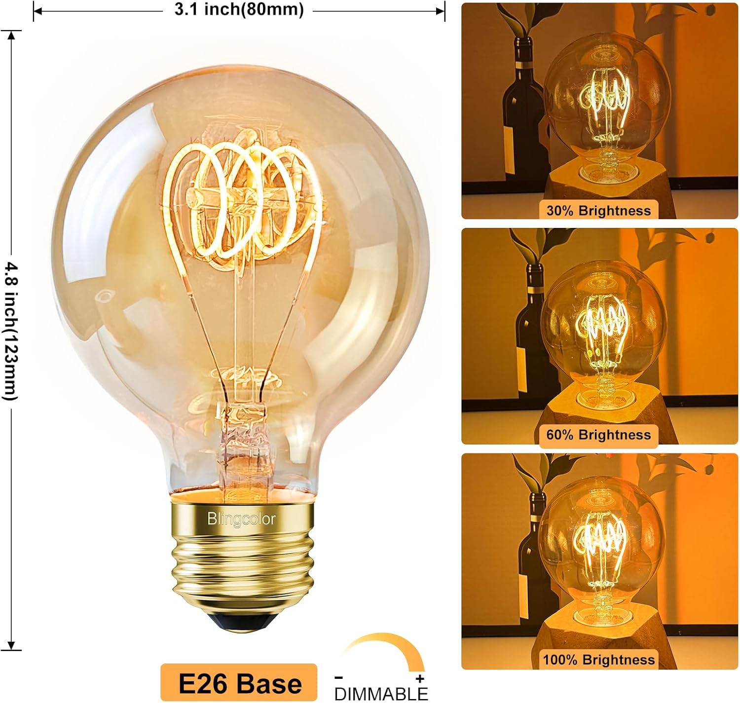 Dimmable Globe Vintage Edison LED Light Bulbs 60W Equivalent, 4 PACK G25/G80 6W LED Amber Warm 2200K Edison Light Bulb, E26 Base Decorative Amber Light Bulbs for Pendant Light/Chandelier/Wall sconces
