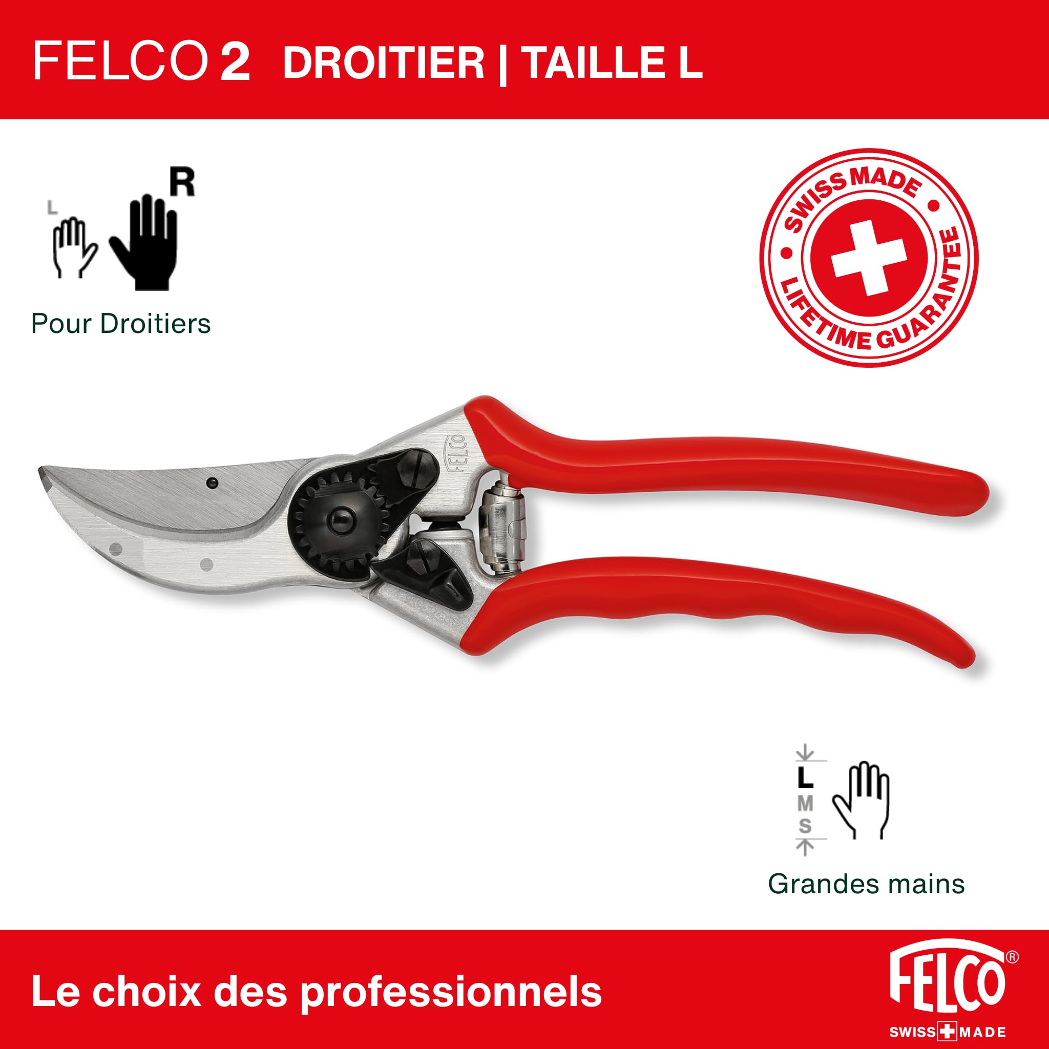 FELCO 2 sécateur bypass professionnel droitier, lame acier trempé 41 mm, poignées aluminium forgé, outil de taille robuste pour main moyenne à grande, coupe nette 25 mm, fabrication suisse