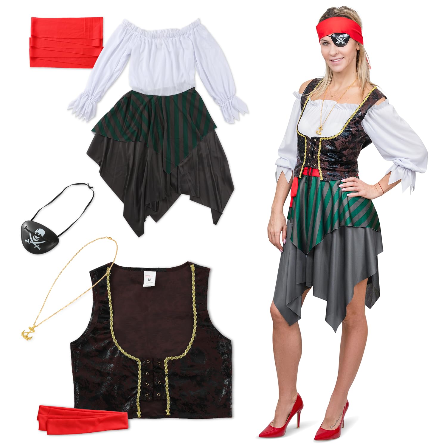 Festicy – Disfraz De Pirata Para Mujer Completo – Incluye Vestido, Chaleco, Parche, Cinturón – Talla M