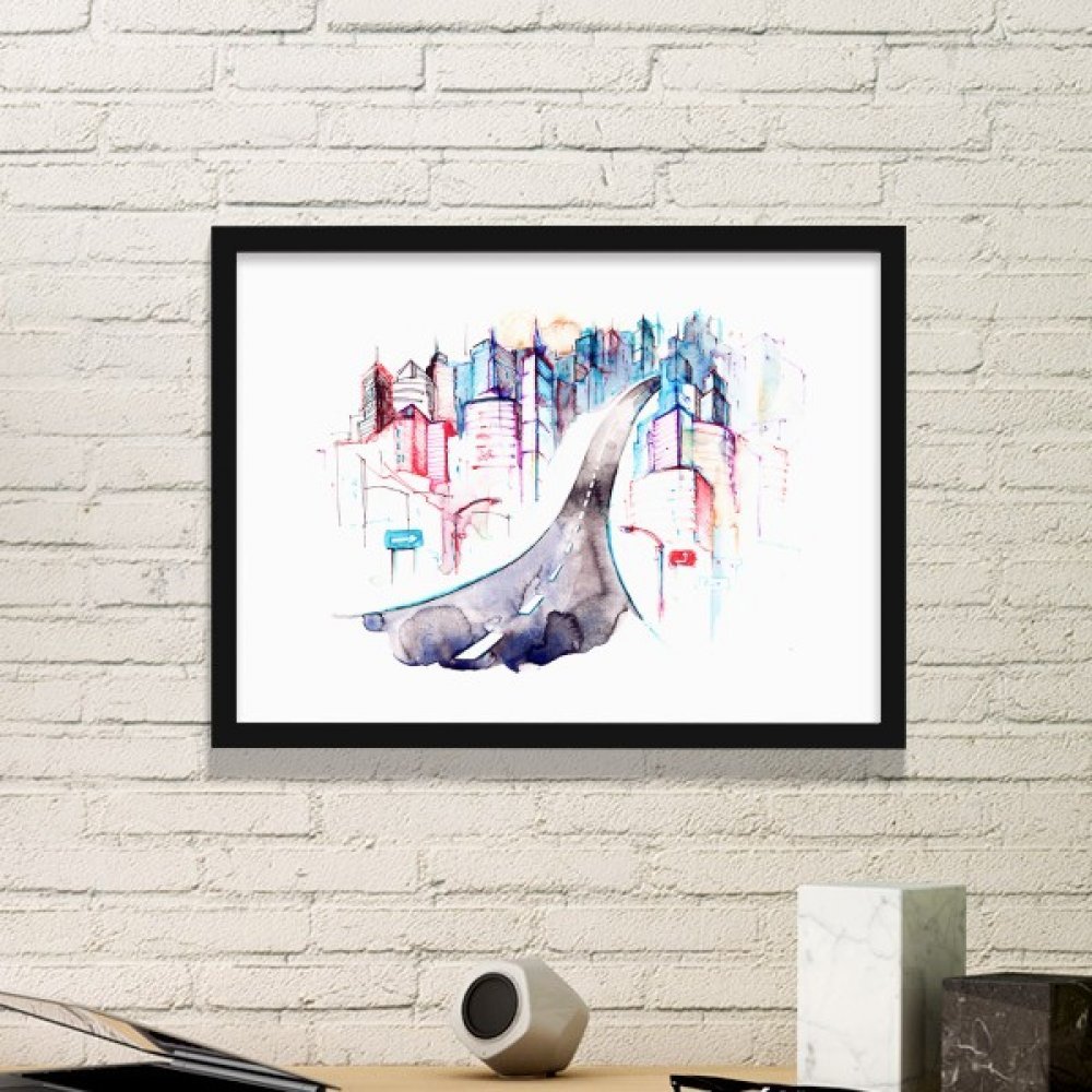 Cadre photo art prints ville moderne aquarelle batiment streetlight petit format noir
