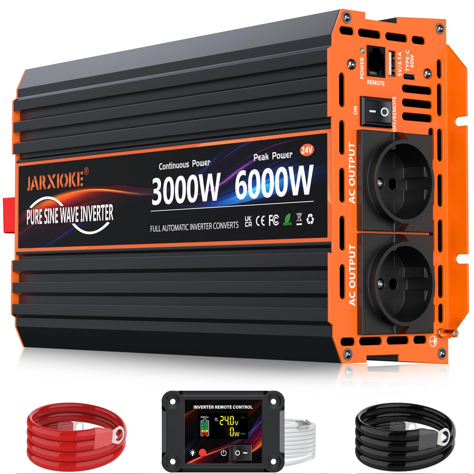 Przetwornica napięciowa 3000 W, 24 V na 230 V, czysty sinusoidalny konwerter z 2 gniazdami UE, 30 W USB-C, 5 V 3,1 A USB, pilot LCD, do przyczep kempingowych, ciężarówek, energii słonecznej, moc