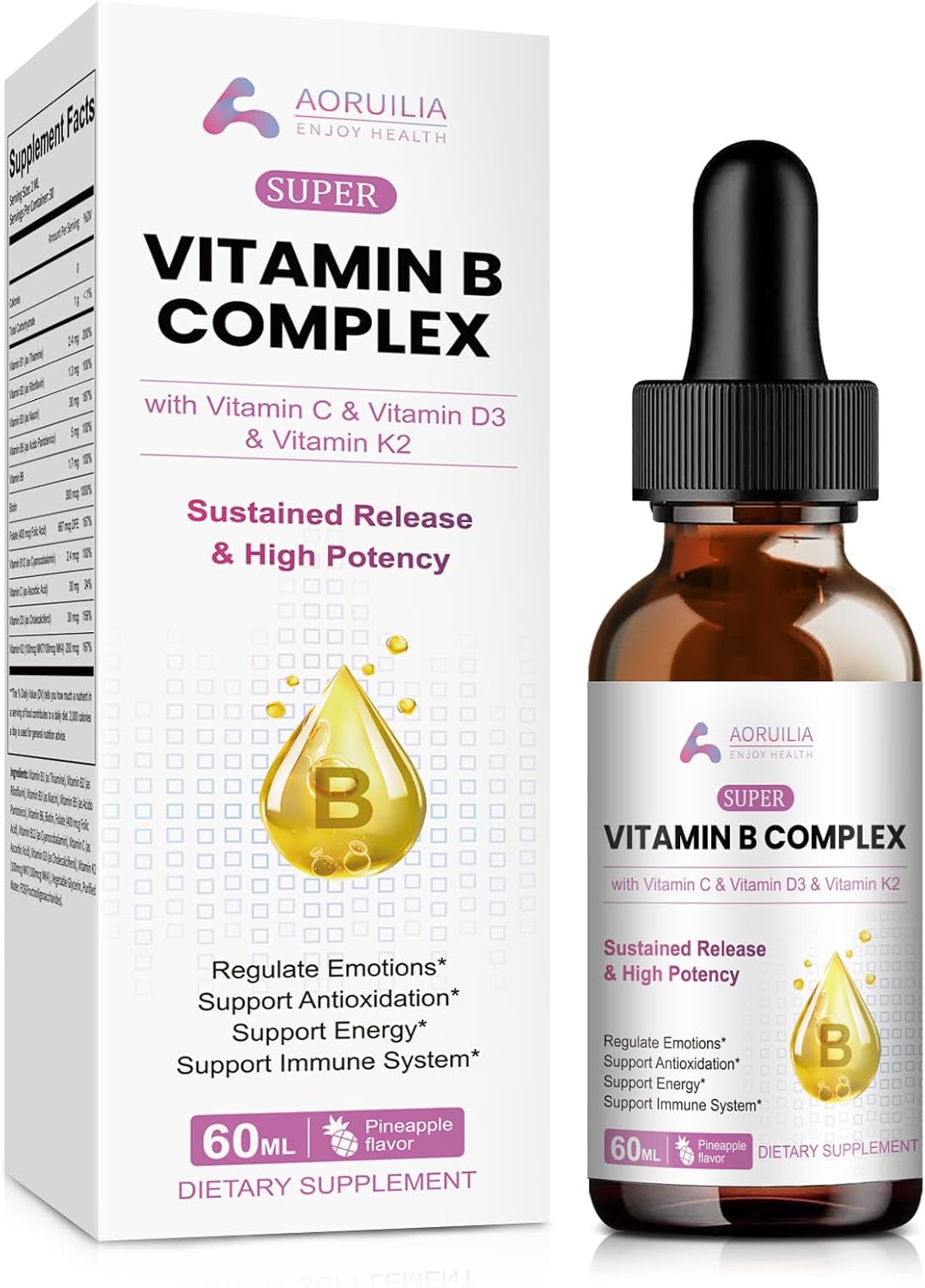 Vitamin B Complex Liquid Drops, 11 in 1 B Complex Vitamins High Strength with B1, B2, B3, B5, B6, B7, B9, B12 – Vitamin C, D3, K2 for Immune & Energy Metabolism, Brain & Heart Support, 60ml