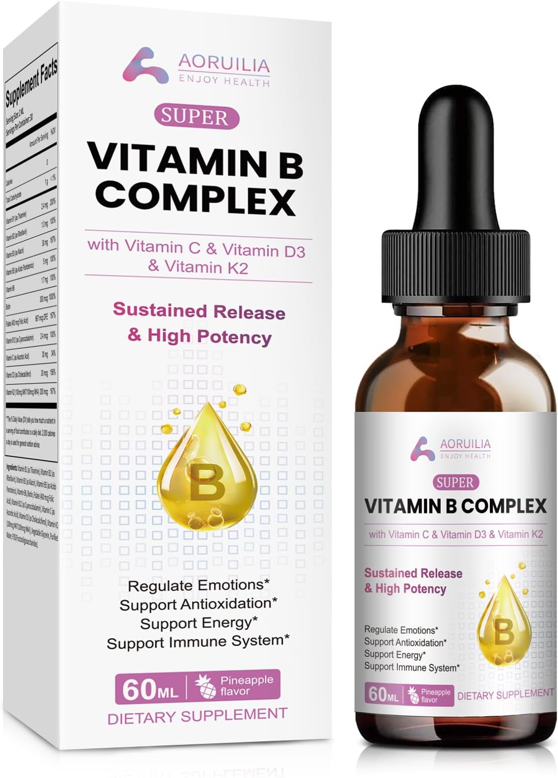 Vitamin B Complex Liquid Drops, 11 in 1 B Complex Vitamins High Strength with B1, B2, B3, B5, B6, B7, B9, B12 - Vitamin C, D3, K2 for Immune & Energy Metabolism, Brain & Heart Support, 60ml