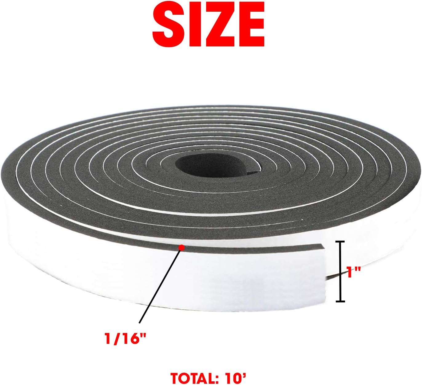 Neoprene Foam Strip Roll by Dualplex, 1" Wide x 10' Long x 1/16" Thick, Weather Seal High Density Stripping with Adhesive Backing – Weather Strip Roll Insulation Foam Strips