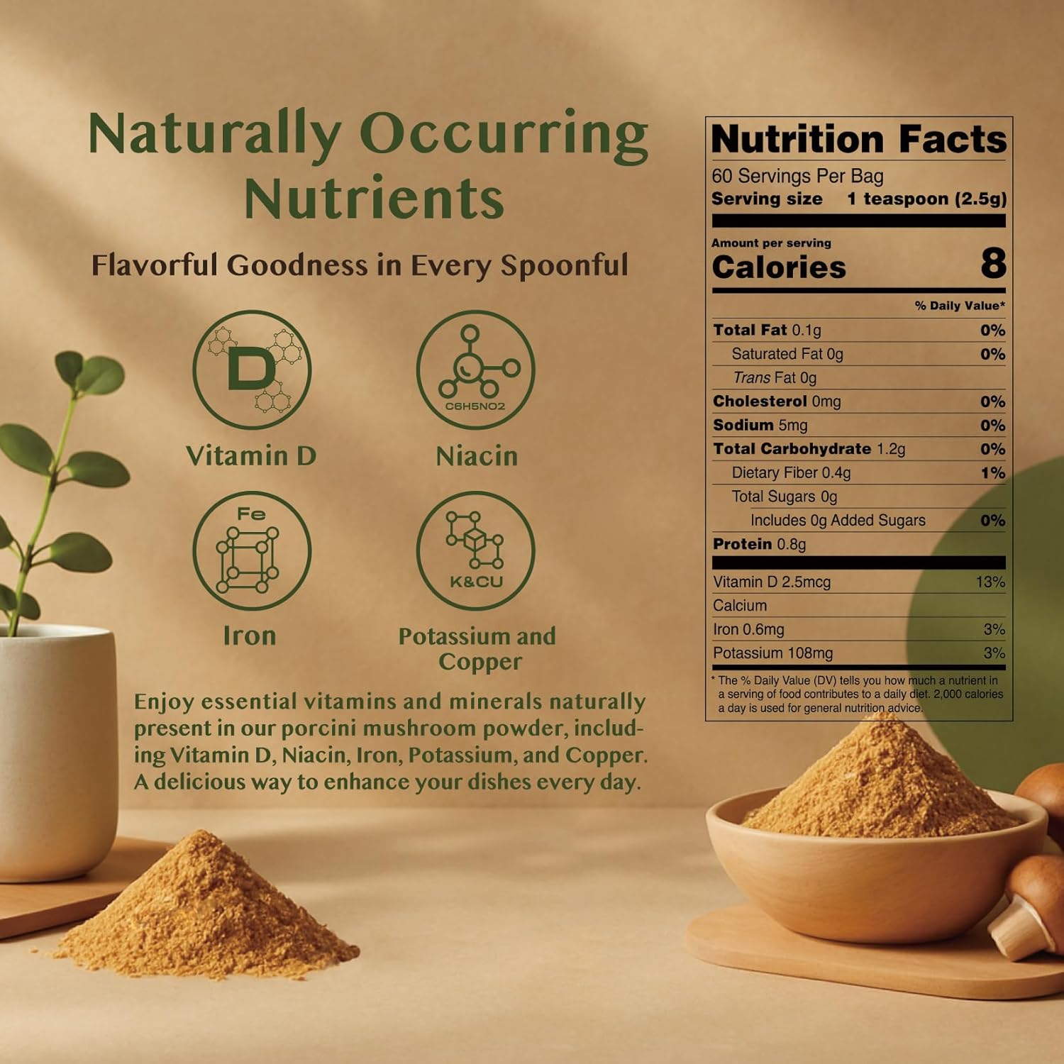 Premium Wild-Harvested Porcini Mushroom Powder, 98% Porcini + 2% Shiitake & Maitake, Rich Umami Flavor, Gluten-Free, Vegan, Keto-Friendly, Perfect for Soups, Sauces, and Seasoning (150g)