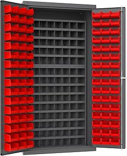 Durham 3501-DLP-72/40B-96-1795 Lockable Cabinet with 96 Red Hook-On Bins, Flush Door Style, 112 Pigeon Hole Bins, 36" Wide, 14 Gauge, Gray