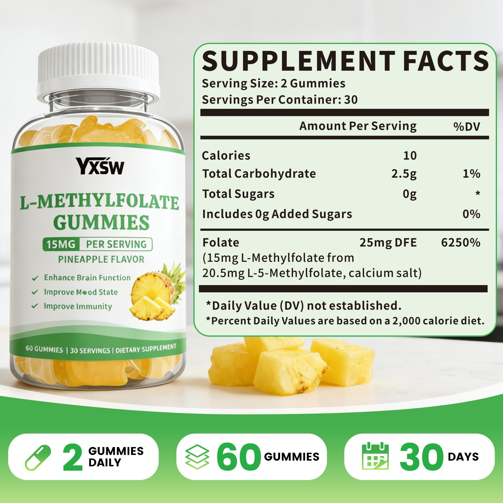L-Methylfolate Gummies 15mg, Methylfolate Supplement, Folate Supplement for Support Mood, Brain Health, Immune System, Sugar Free, Pineapple Flavor, 60 Count — Amazon image 2